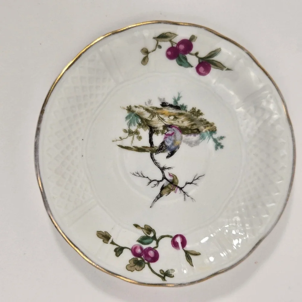 L Bernardaud & Co Limoges France Bird and Berry Porcelain Saucer Gold Rim 5.25